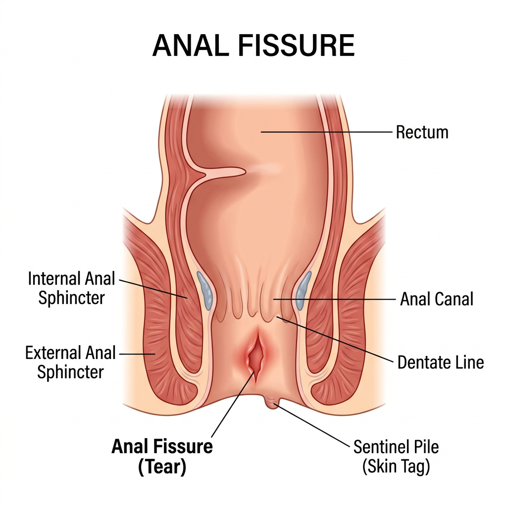 Cross-sectional diagram of anal canal showing rectum, internal and external anal sphincters, dentate line, anal fissure tear, and sentinel pile skin tag.
